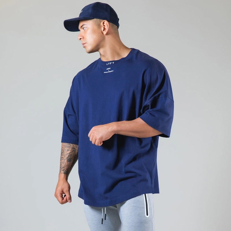 New Summer Running Oversized T-Shirt Men&#39;s Gym Bodybuilding Fitness Loose Casual Cotton Short Sleeve Men&#39;s Street Sports T-Shirt