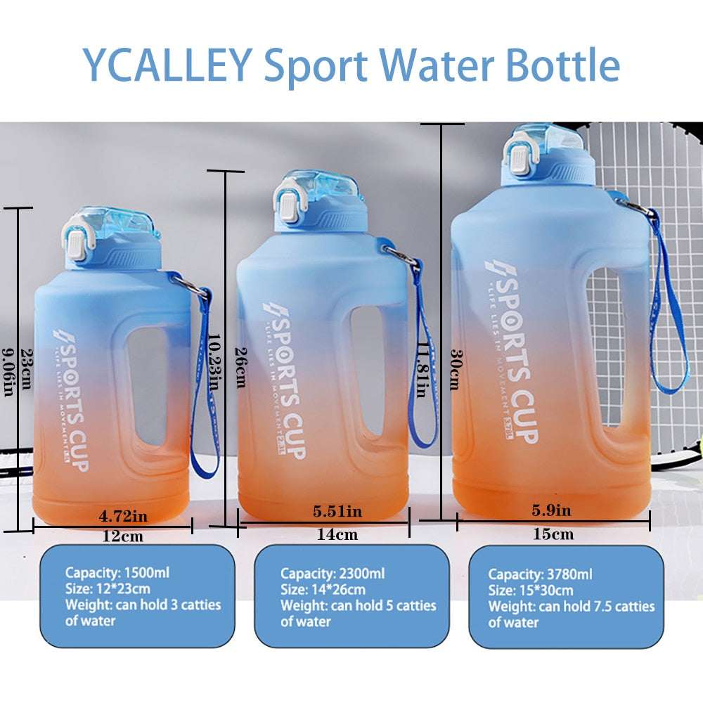 YCALLEY Sport Water Bottle Reminder Silicone Sith Straw Waterbottle Items Fitness Big Bottles 1500ML / 2300ML / 3800ML Sport