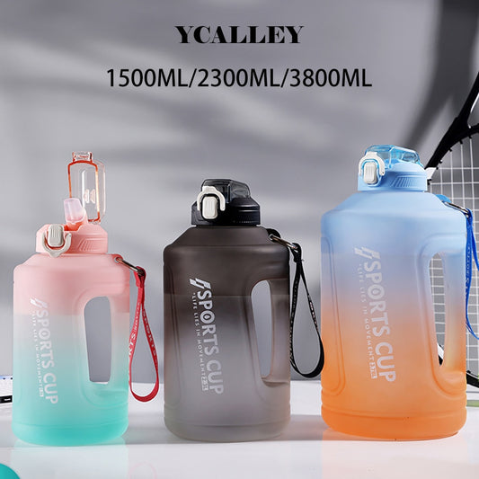 YCALLEY Sport Water Bottle Reminder Silicone Sith Straw Waterbottle Items Fitness Big Bottles 1500ML / 2300ML / 3800ML Sport