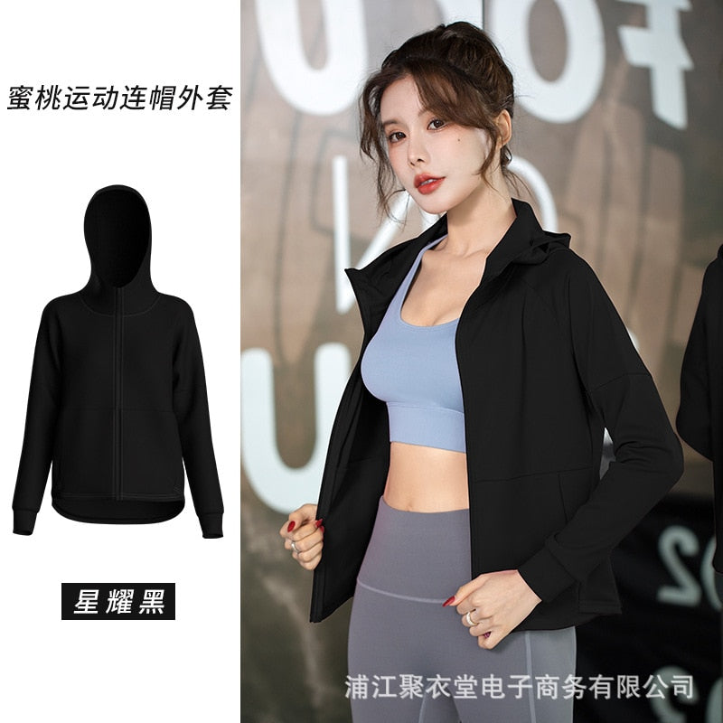 Women Sport Jacket Zipper Yoga Coat Clothes Quick Dry Fitness Jacket Running Hoodies Thumb Hole Sportwear Gym Workout Hooded Top