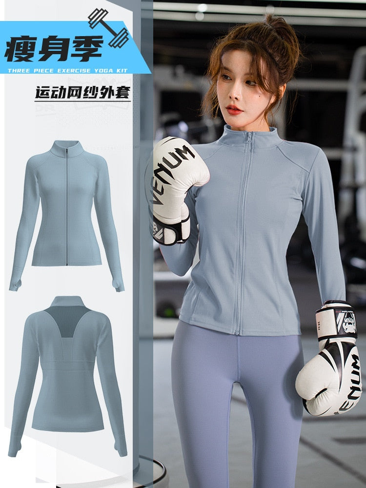 Women Sport Jacket Zipper Yoga Coat Clothes Quick Dry Fitness Jacket Running Hoodies Thumb Hole Sportwear Gym Workout Hooded Top