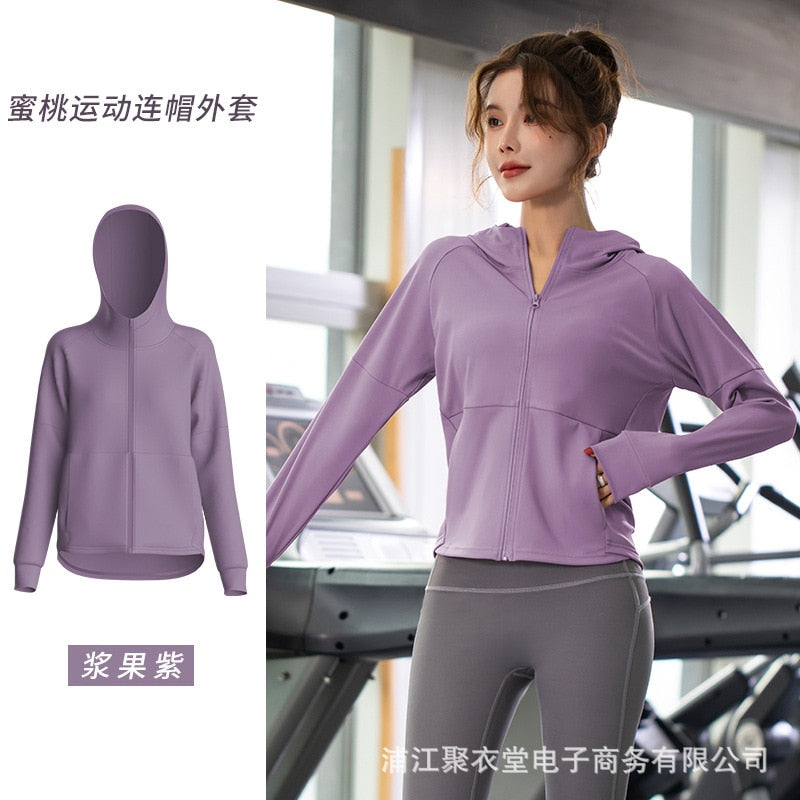 Women Sport Jacket Zipper Yoga Coat Clothes Quick Dry Fitness Jacket Running Hoodies Thumb Hole Sportwear Gym Workout Hooded Top