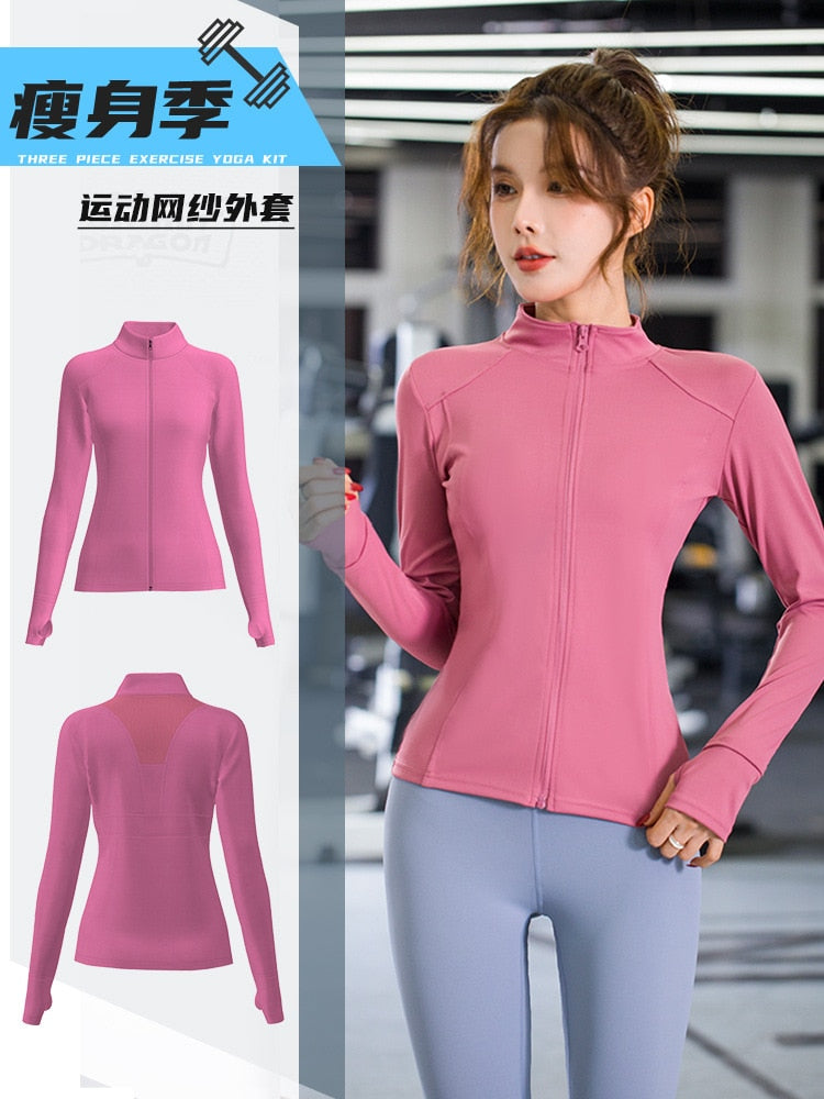 Women Sport Jacket Zipper Yoga Coat Clothes Quick Dry Fitness Jacket Running Hoodies Thumb Hole Sportwear Gym Workout Hooded Top