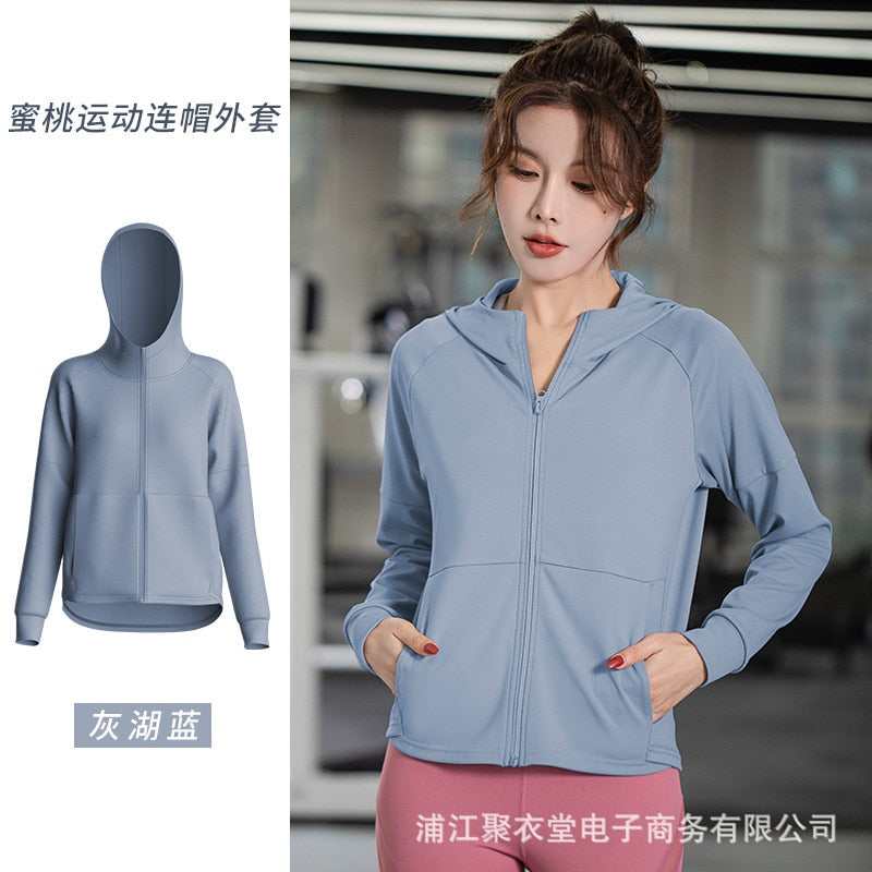 Women Sport Jacket Zipper Yoga Coat Clothes Quick Dry Fitness Jacket Running Hoodies Thumb Hole Sportwear Gym Workout Hooded Top